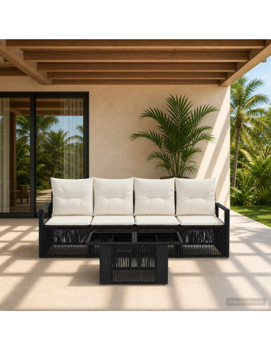 Set Divano da Giardino 5 pz Nero e Bianco Crema polyrattan