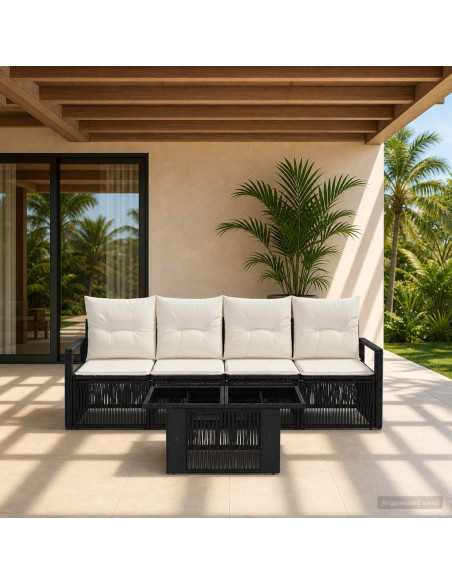 Set Divano da Giardino 5 pz Nero e Bianco Crema polyrattan