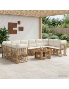 Set Divano da Giardino 11 pz Naturale e Bianco Crema polyrattan