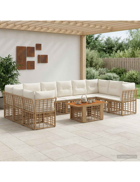 Set Divano da Giardino 11 pz Naturale e Bianco Crema polyrattan