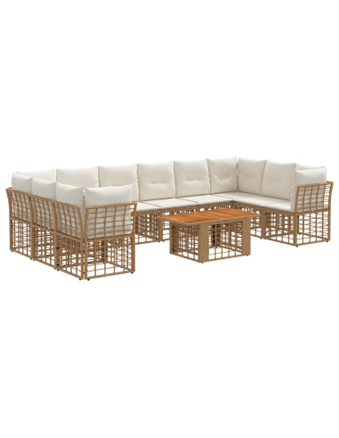 Set Divano da Giardino 11 pz Naturale e Bianco Crema polyrattan