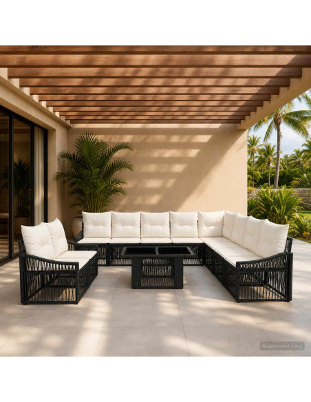 Set Divano da Giardino 11 pz Nero e Bianco Crema polyrattan