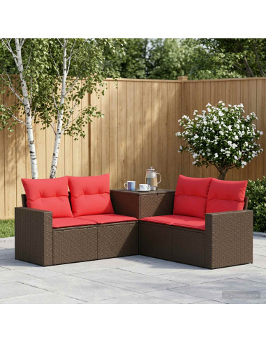 Set di divani 5 pz Marrone e Rosso Rattan sintetico e Acciaio