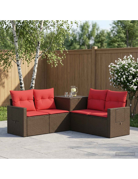 Set di divani 5 pz Marrone e Rosso Rattan sintetico e Acciaio