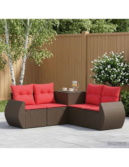 Set di divani 5 pz Marrone e Rosso Rattan sintetico e Acciaio