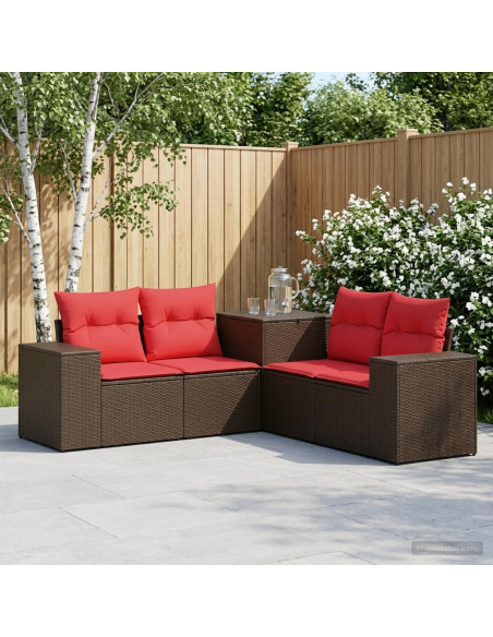 Set di divani 5 pz Marrone e Rosso Rattan sintetico e Acciaio