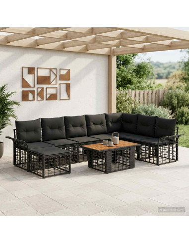 Set Divano da Giardino 9 pz Nero e Grigio scuro polyrattan
