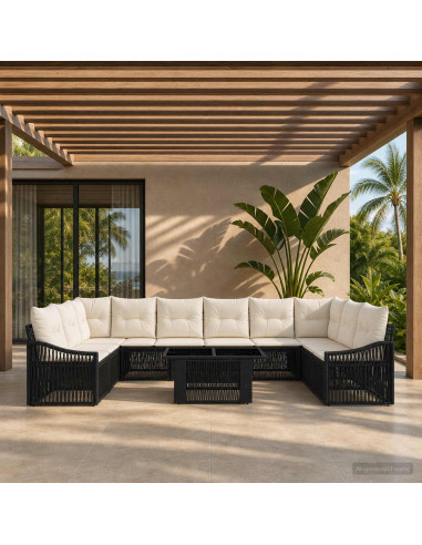 Set Divano da Giardino 11 pz Nero e Bianco Crema polyrattan
