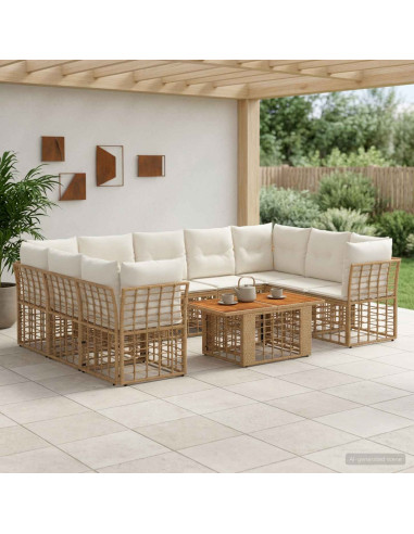 Set Divano da Giardino 10 pz Naturale e Bianco Crema polyrattan