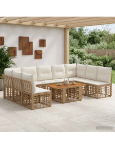 Set Divano da Giardino 10 pz Naturale e Bianco Crema polyrattan