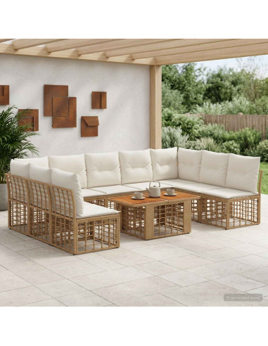 Set Divano da Giardino 10 pz Naturale e Bianco Crema polyrattan