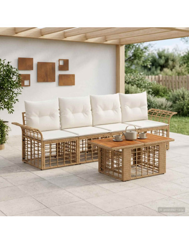 Set Divano da Giardino 5 pz Naturale e Bianco Crema polyrattan