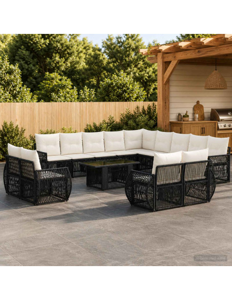 Set Divano da Giardino 14 pz Nero e Bianco Crema polyrattan
