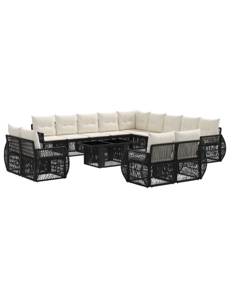 Set Divano da Giardino 14 pz Nero e Bianco Crema polyrattan