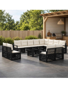 Set Divano da Giardino 13 pz Nero e Bianco Crema polyrattan