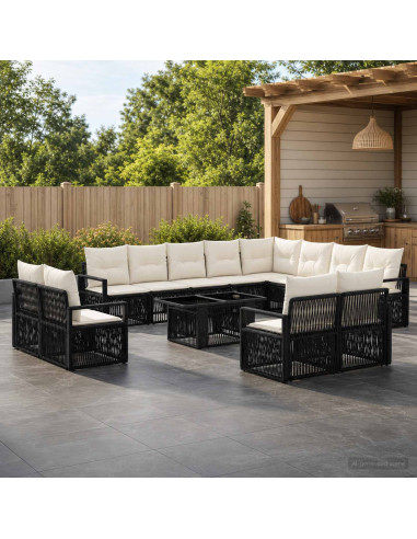 Set Divano da Giardino 13 pz Nero e Bianco Crema polyrattan