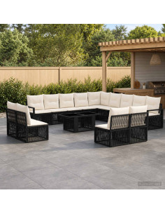 Set Divano da Giardino 14 pz Nero e Bianco Crema polyrattan