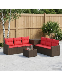 Set di divani 8 pz Marrone e Rosso Rattan sintetico e Acciaio