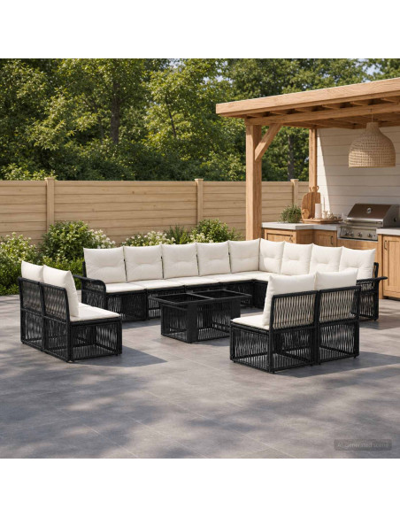 Set Divano da Giardino 13 pz Nero e Bianco Crema polyrattan
