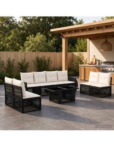 Set Divano da Giardino 9 pz Nero e Bianco Crema polyrattan