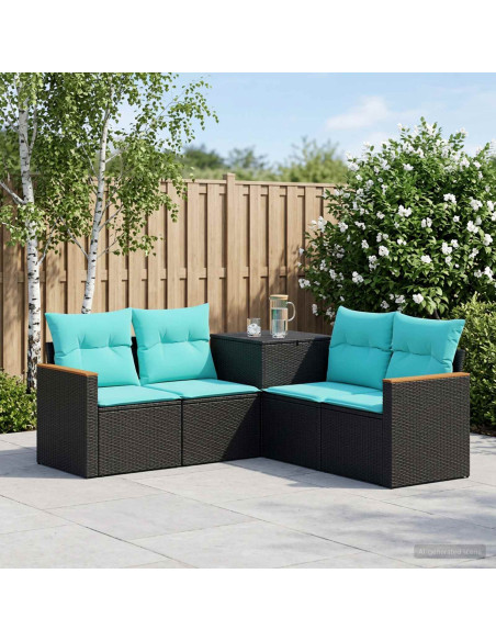 Set di divani 5 pz Nero e Blu Rattan sintetico e Acciaio