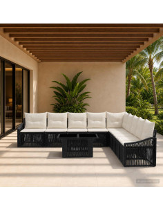 Set Divano da Giardino 10 pz Nero e Bianco Crema polyrattan