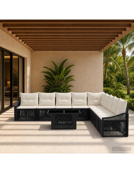 Set Divano da Giardino 10 pz Nero e Bianco Crema polyrattan