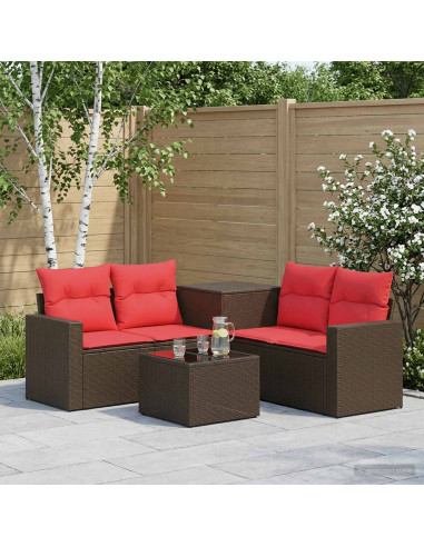 Set di divani 6 pz Marrone e Rosso Rattan sintetico e Acciaio