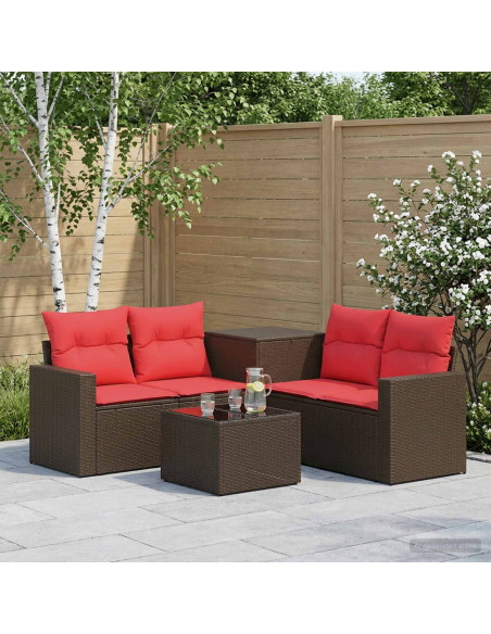 Set di divani 6 pz Marrone e Rosso Rattan sintetico e Acciaio
