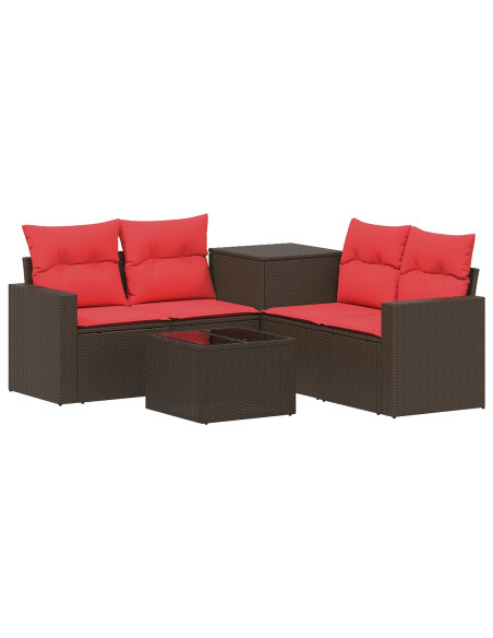 Set di divani 6 pz Marrone e Rosso Rattan sintetico e Acciaio