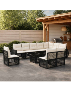 Set Divano da Giardino 11 pz Nero e Bianco Crema polyrattan
