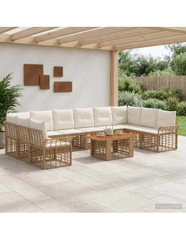Set Divano da Giardino 11 pz Naturale e Bianco Crema polyrattan