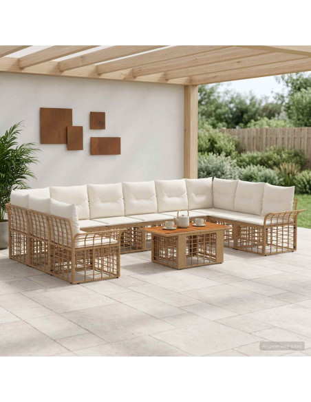 Set Divano da Giardino 11 pz Naturale e Bianco Crema polyrattan