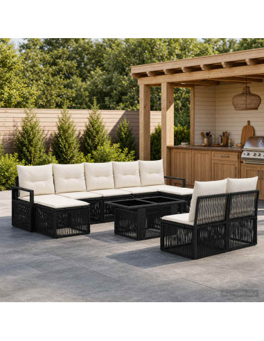 Set Divano da Giardino 10 pz Nero e Bianco Crema polyrattan