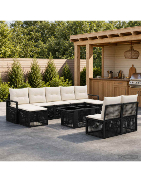 Set Divano da Giardino 10 pz Nero e Bianco Crema polyrattan