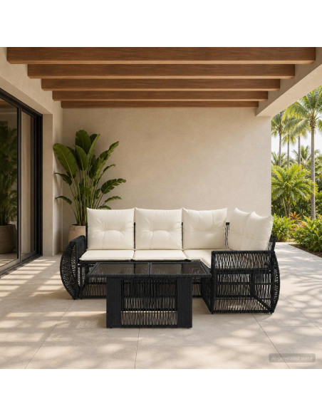 Set Divano da Giardino 5 pz Nero e Bianco Crema polyrattan