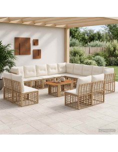 Set Divano da Giardino 14 pz Naturale e Bianco Crema polyrattan
