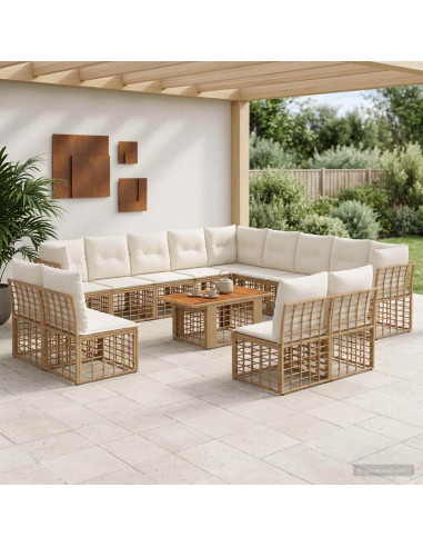 Set Divano da Giardino 14 pz Naturale e Bianco Crema polyrattan