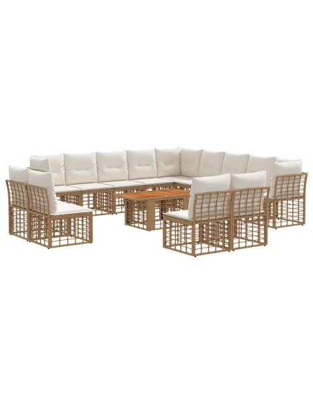 Set Divano da Giardino 14 pz Naturale e Bianco Crema polyrattan
