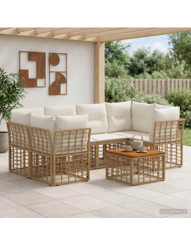 Set di divani da esterno 7 pz Naturale e Bianco Crema