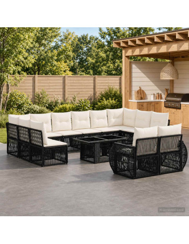 Set Divano da Giardino 13 pz Nero e Bianco Crema polyrattan