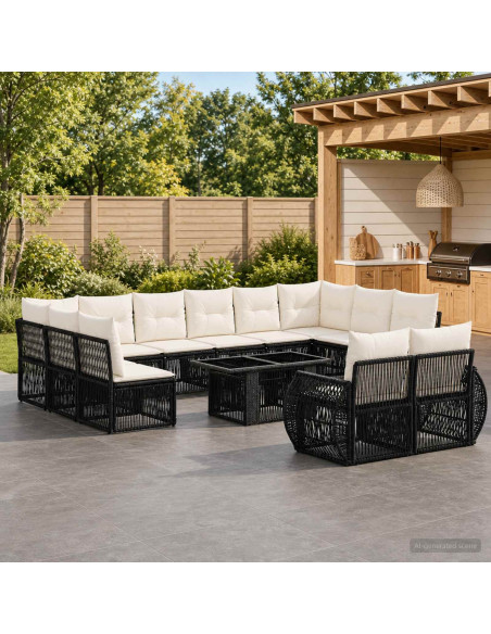 Set Divano da Giardino 13 pz Nero e Bianco Crema polyrattan