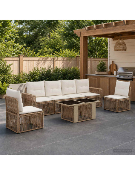 Set Divano da Giardino 7 pz Beige e Bianco Crema polyrattan