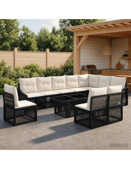 Set Divano da Giardino 11 pz Nero e Bianco Crema polyrattan