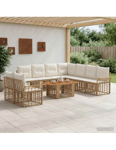 Set Divano da Giardino 10 pz Naturale e Bianco Crema polyrattan