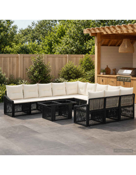 Set Divano da Giardino 12 pz Nero e Bianco Crema polyrattan