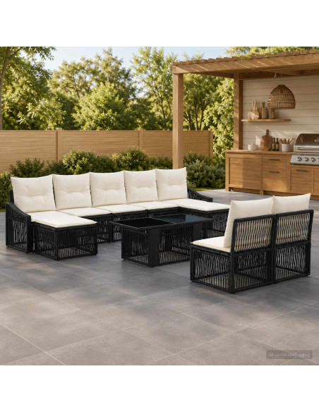 Set Divano da Giardino 10 pz Nero e Bianco Crema polyrattan