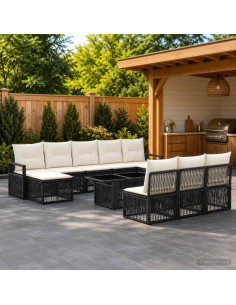 Set Divano da Giardino 11 pz Nero e Bianco Crema polyrattan