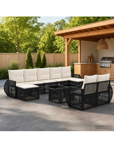Set Divano da Giardino 10 pz Nero e Bianco Crema polyrattan