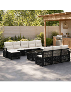 Set Divano da Giardino 11 pz Nero e Bianco Crema polyrattan